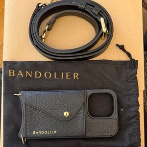 New Bandolier Black Leather Crossbody iPhone 15 Pro Case with Gold Hardware